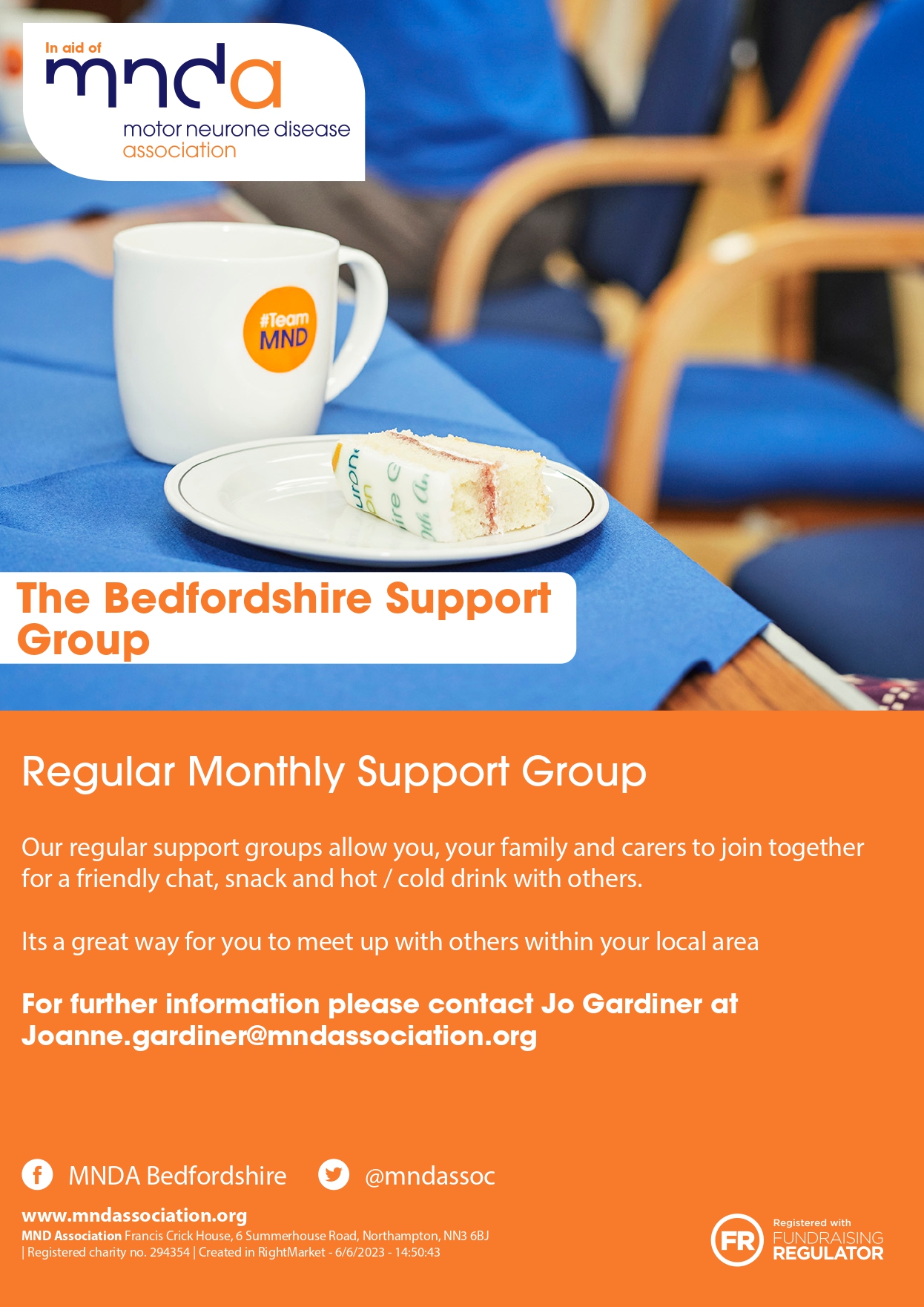 Poster displaying monthly support group meeting information for Bedfordshire branch