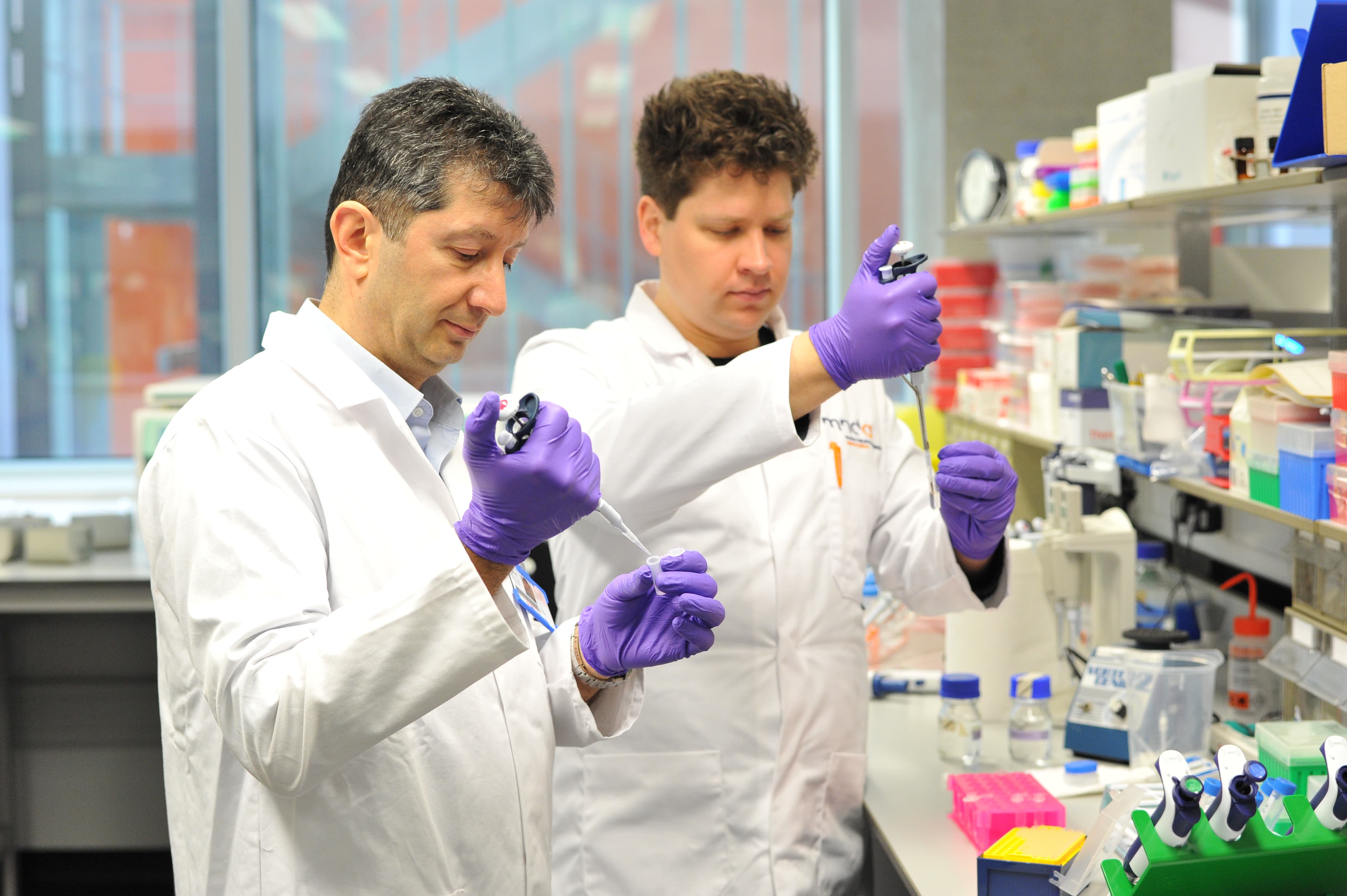 Ammar and a colleague, in lab coats and gloves, conducting work in the lab