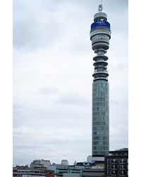 Image of the BT Tower in London with a MNDA Flag attached.