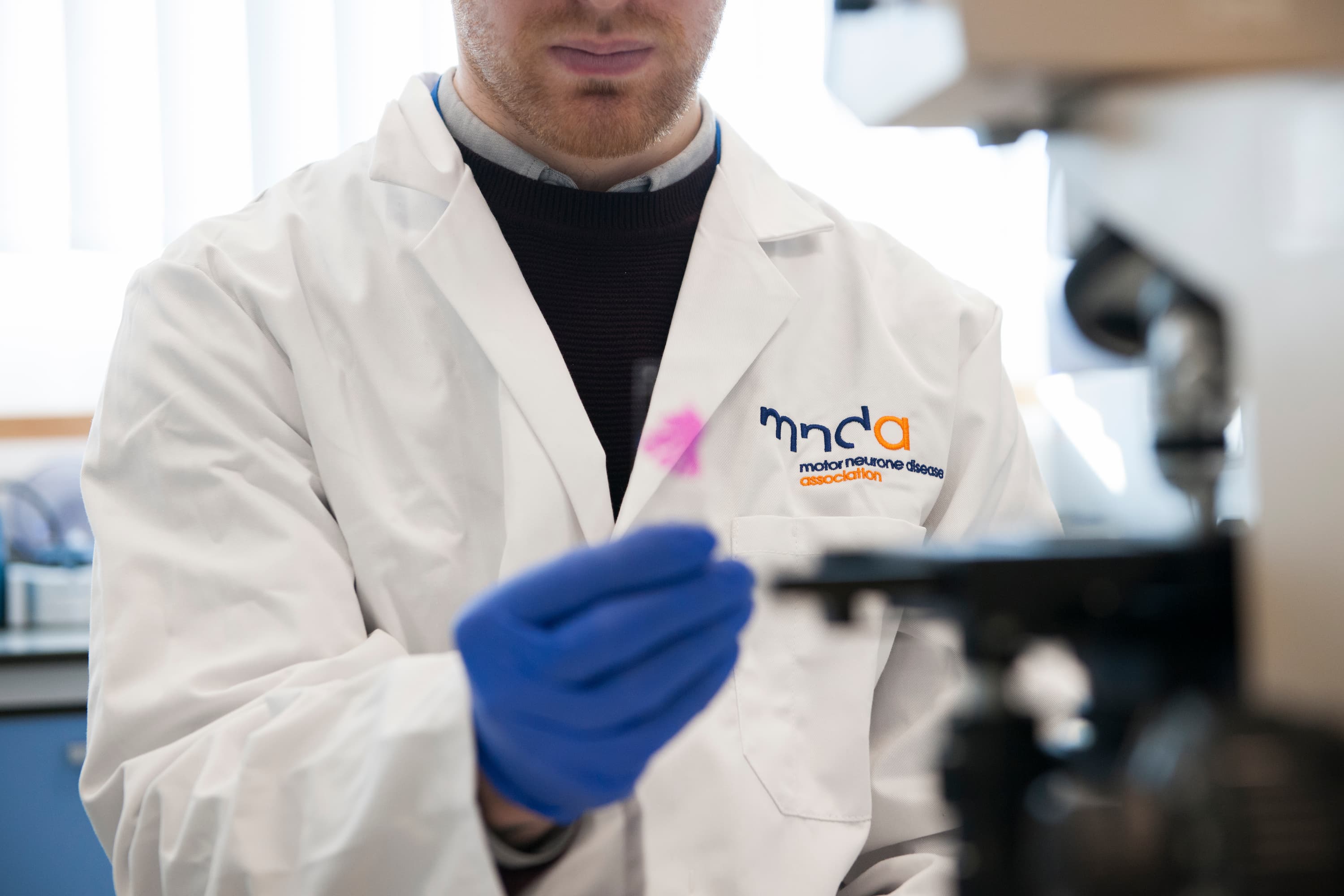 Researcher in the lab, holding up a sample slide
