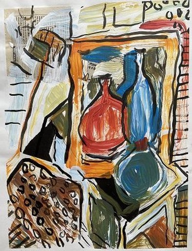 Painting of bottles in an abstract form by Peter Duxbury