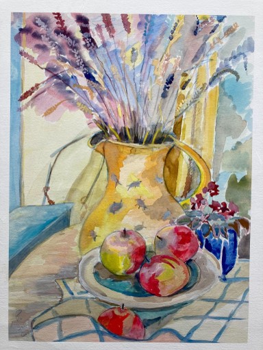 Painting of apples and lavender by Peter Duxbury