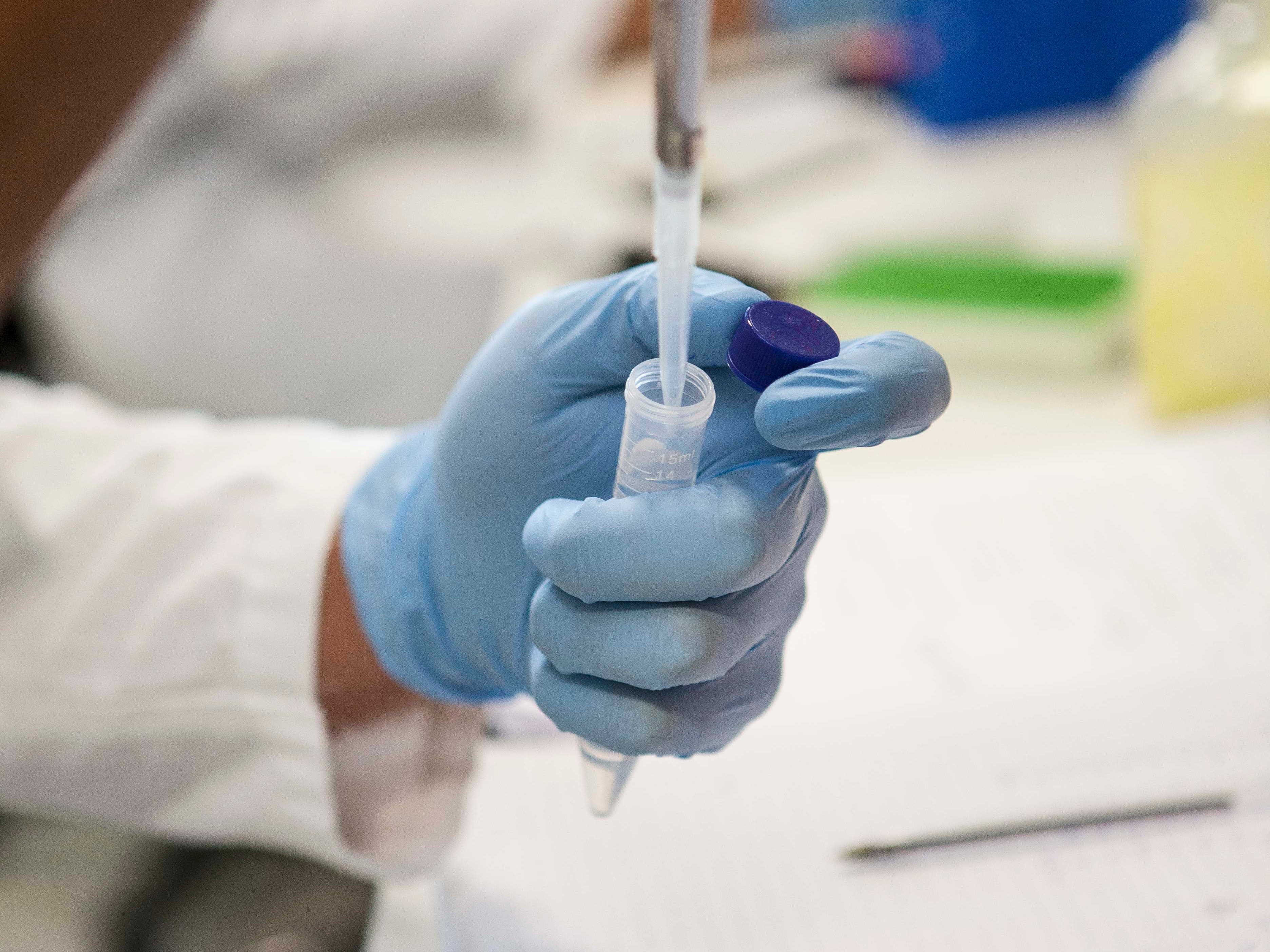 A gloved hand holding a test tube, while a pipette is being squeezed into it.