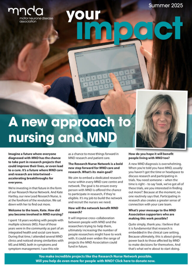 Front cover of the 2025 Summer edition of your impact. It features a story about our Research Nurse Network, an interview with Kate Hartley, our Lead Research Nurse.