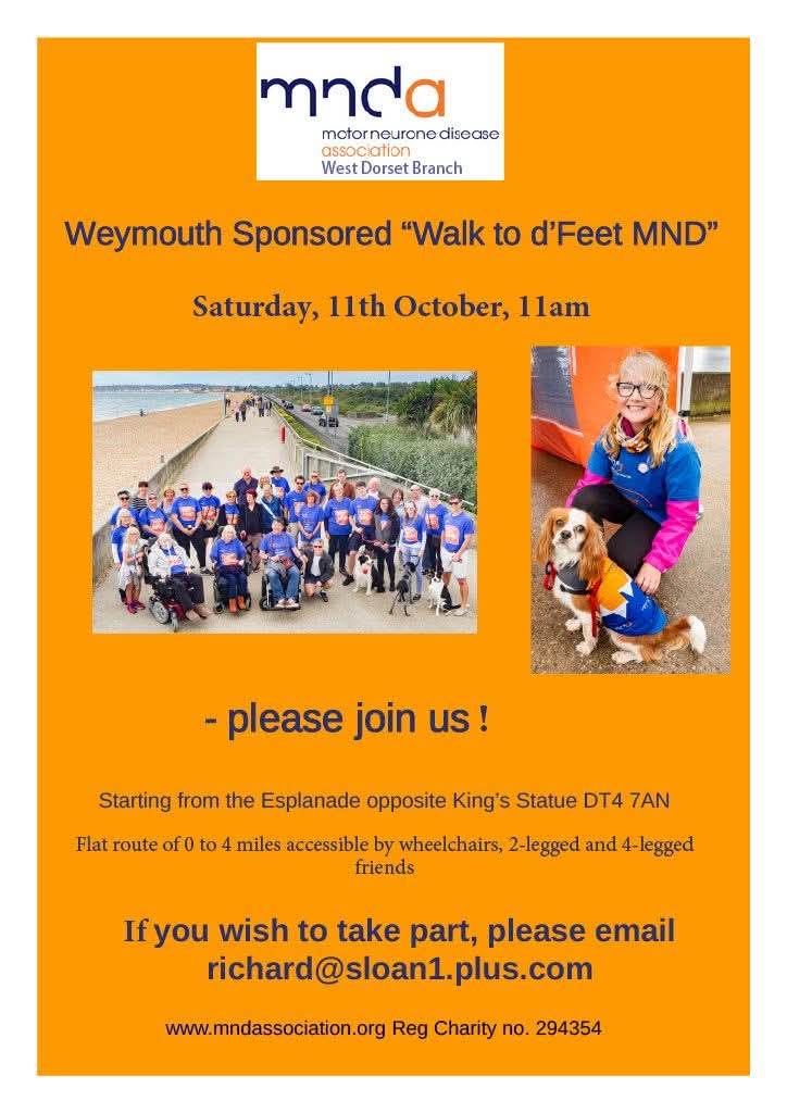 Poster advertising Weymouth Sponsored Walk to d'Feet MND on Saturday 11th October 11am
