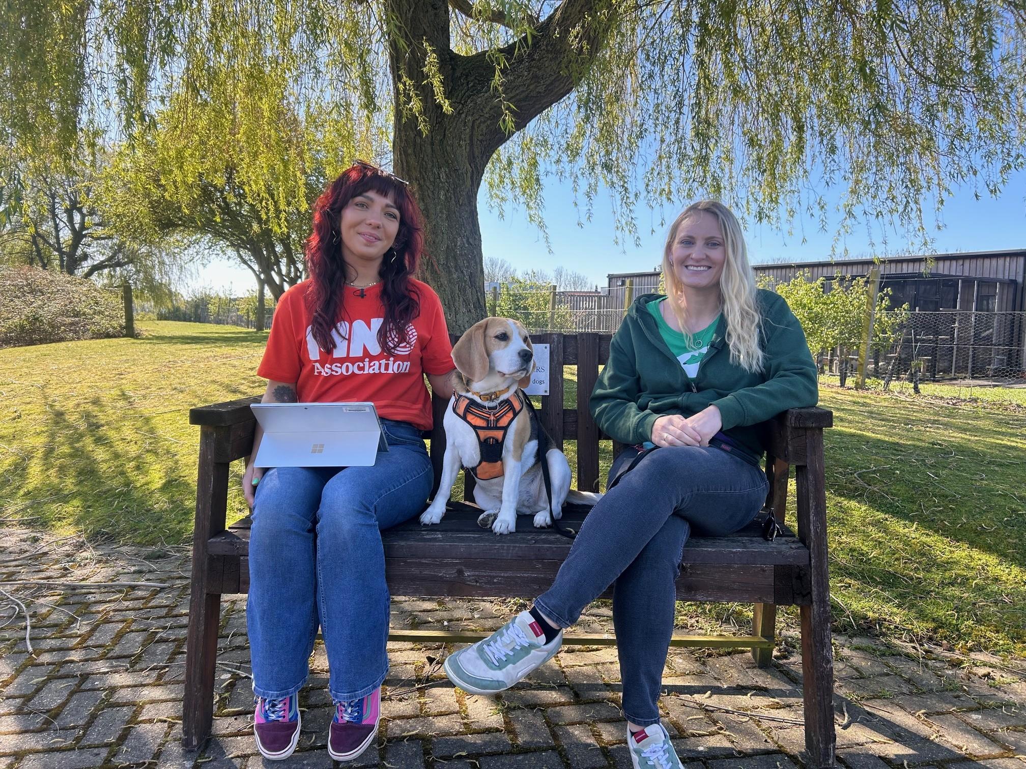 Domonique, Lizzie and dog sit on a bench outside