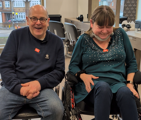 Matt and Gill at the carers personal grooming workshop, smiling