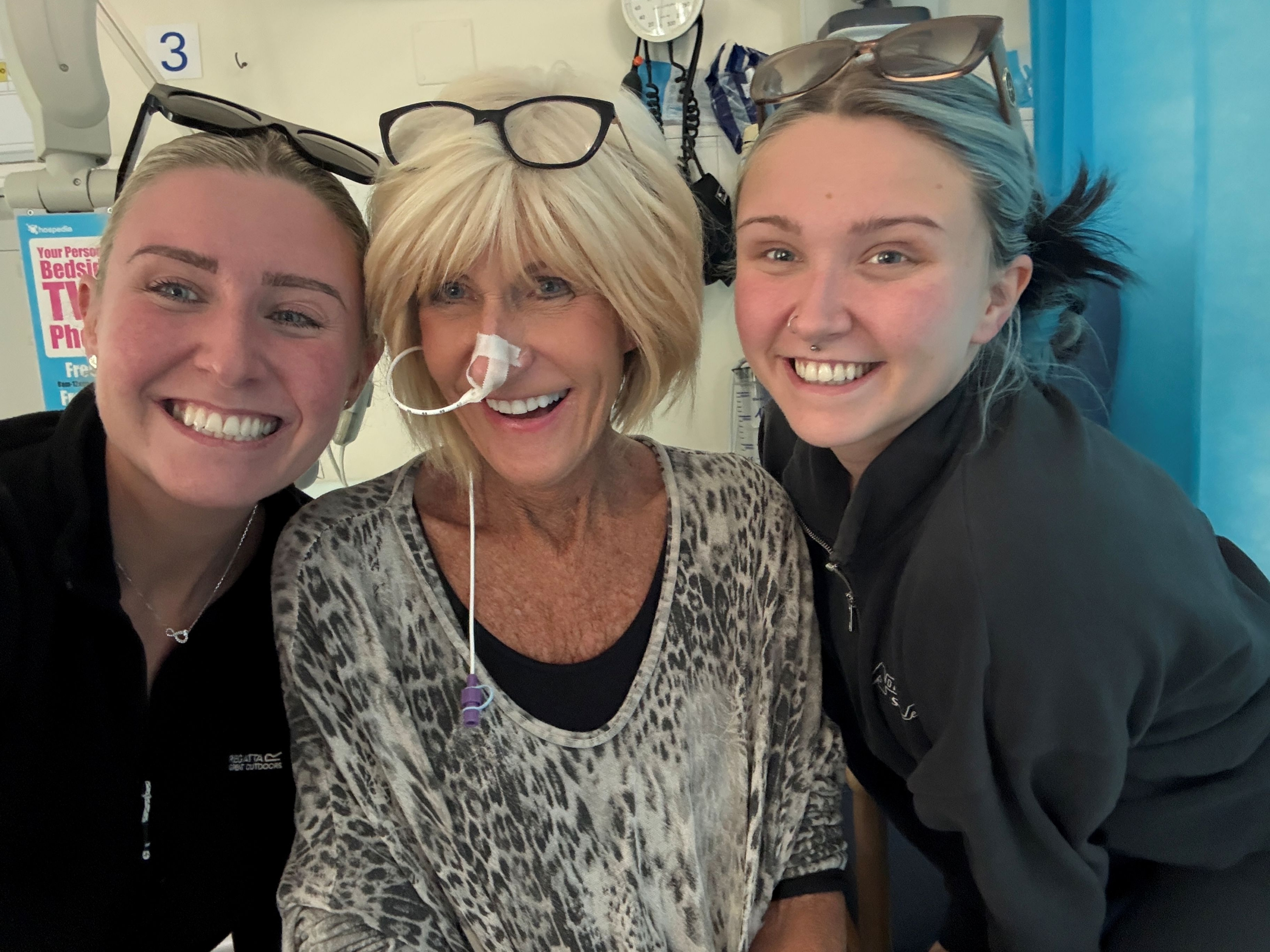L - R, Courtney, Hayley and Frankie in hospital, smiling