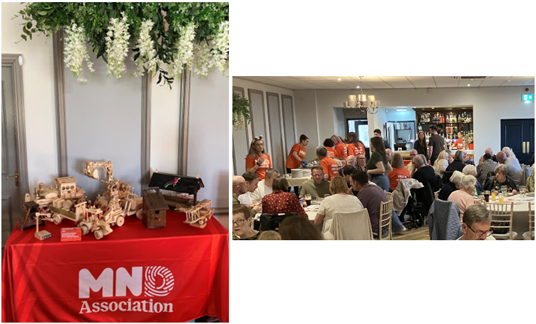 Images of a quiz night with prizes and volunteers at tables