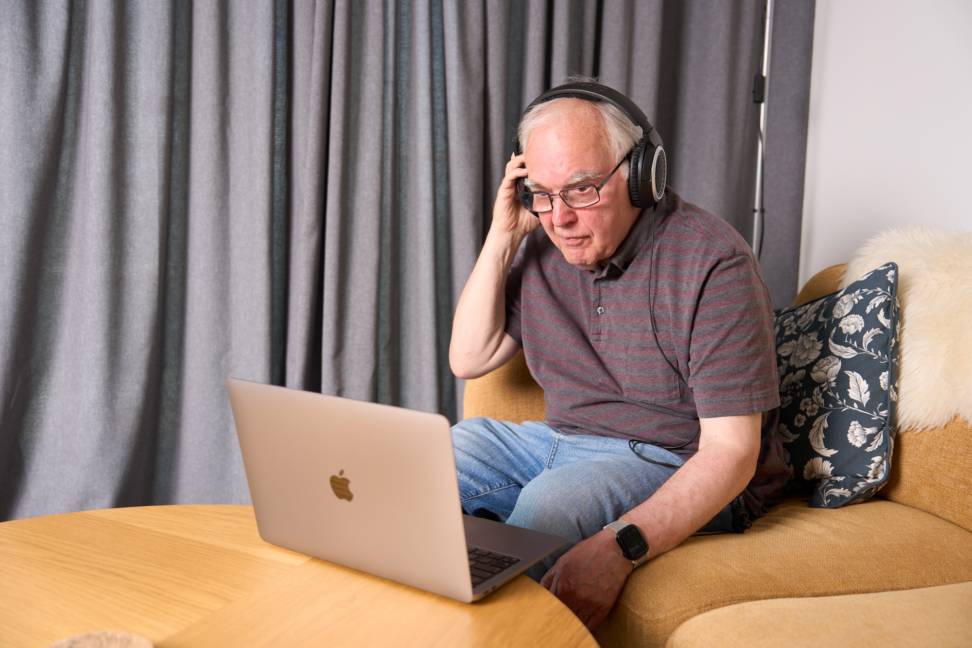 Mike listens to his cloned voice for the first time - he sits in front of a laptop with headphones