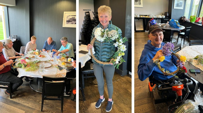 People smiling with their wreaths from a wreath making class - colourful flowers and smiles