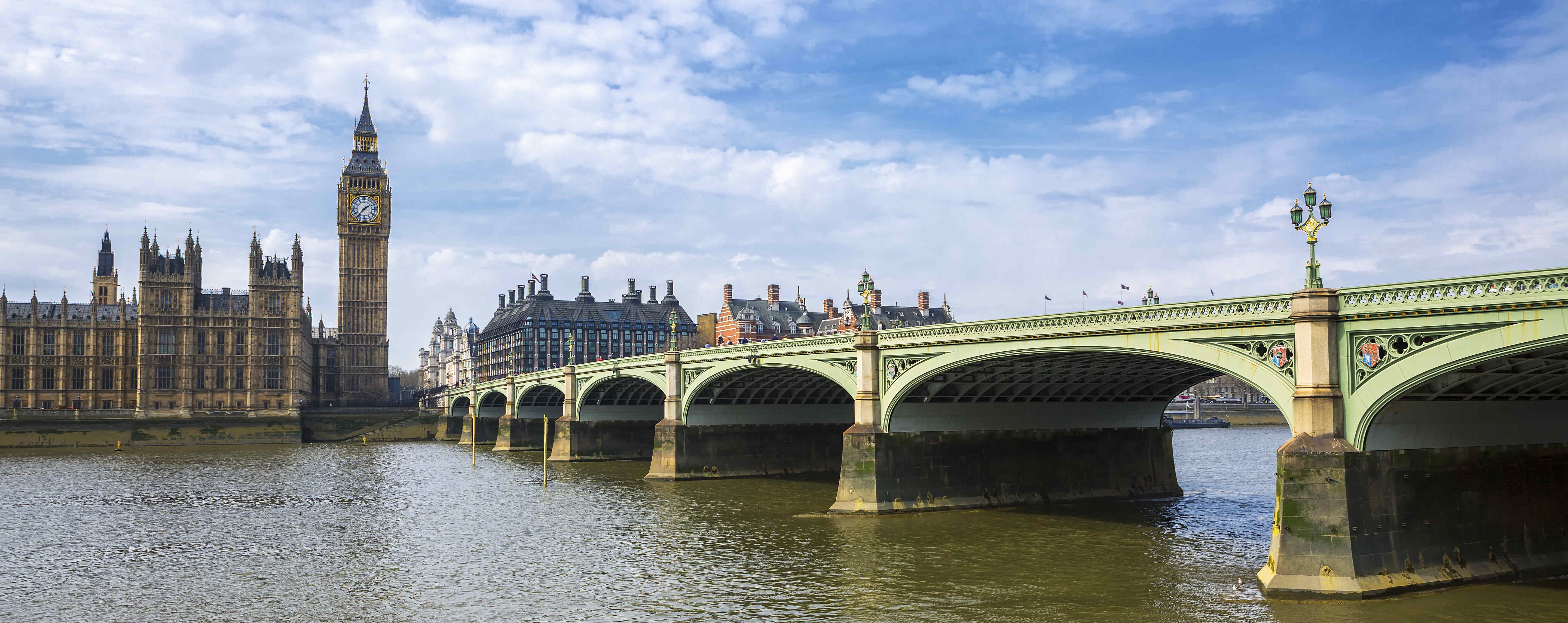 Panoramic photograph of Big Ben bridge on a sunny day in London.