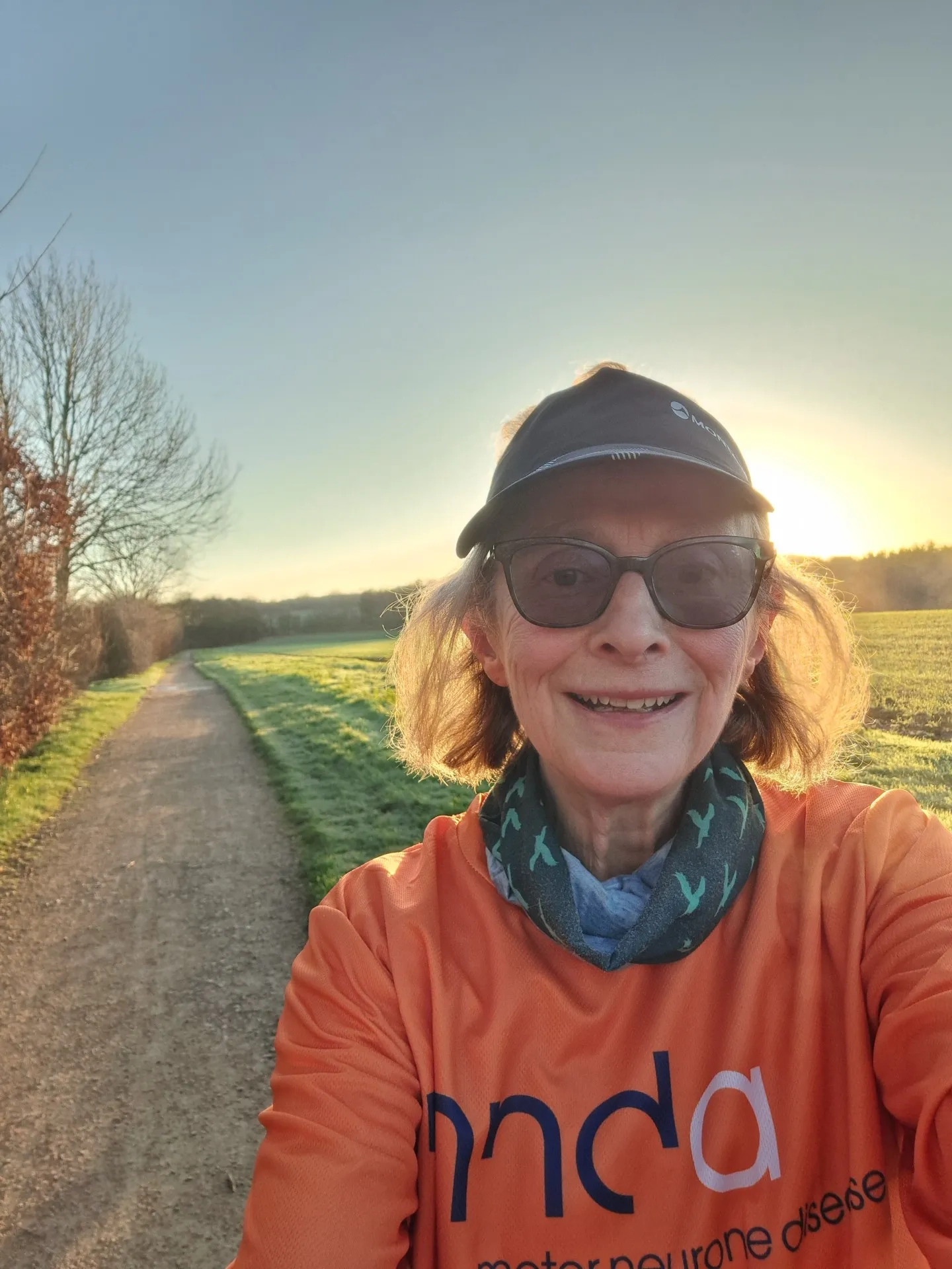 Our branch secretary Lindsay Lucas wearing an MND t shirt on a walk outside