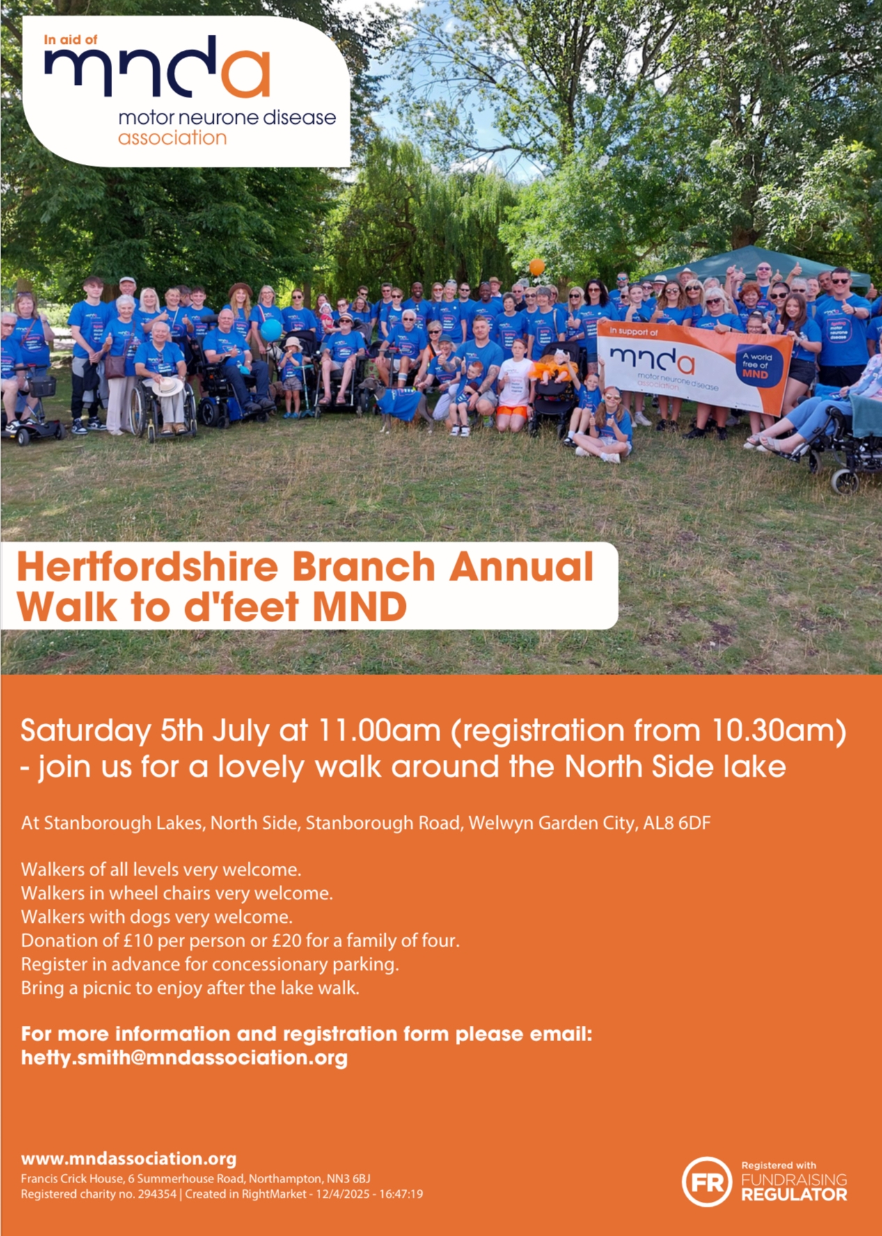A poster with a group photo of volunteers with MNDA branded t-shirts and a description of the walk to d'feet event