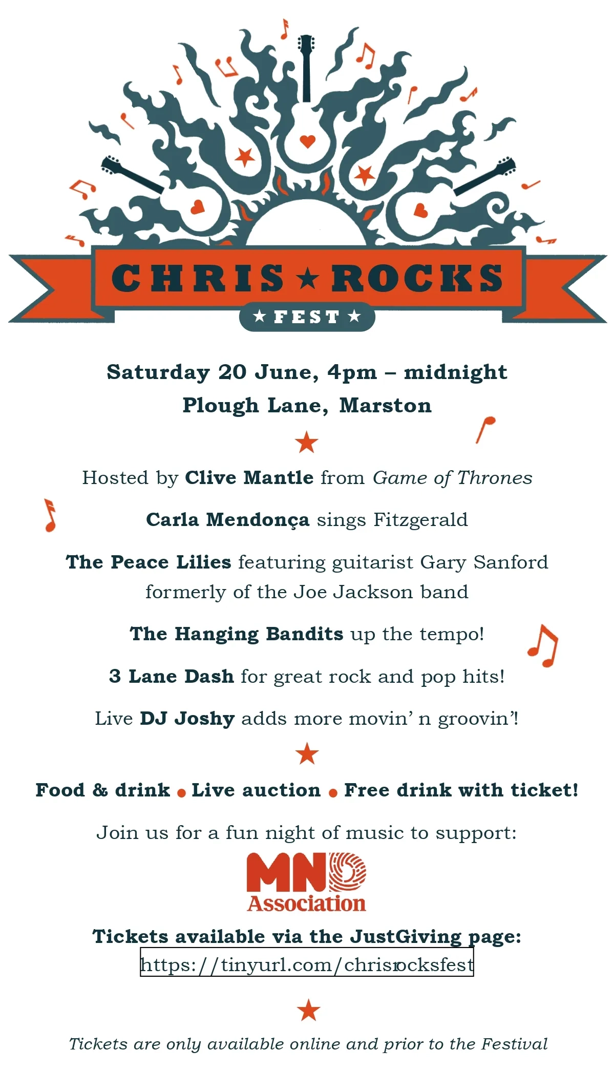 Poster for 'Chris Rocks'. 20th June 2026. 4pm-midnight. Plough Lane, Marston. Raising money for the MNDA. Buy tickets online via just giving page. 