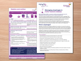 screenshot of information sheet for professionals on dysphagia in MND, slightly overlapping with the screenshot of the infographic for professionals on dietetics and nutrition