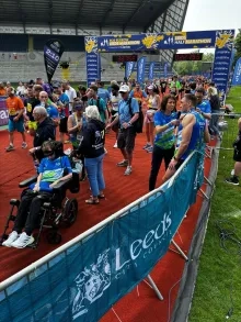 Kevin Sinfield and Rob Burrow at the finish line for the Rob Burrow Leeds Marathon