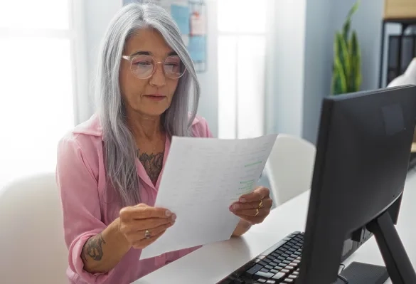 A professional sitting at a desk reading a document